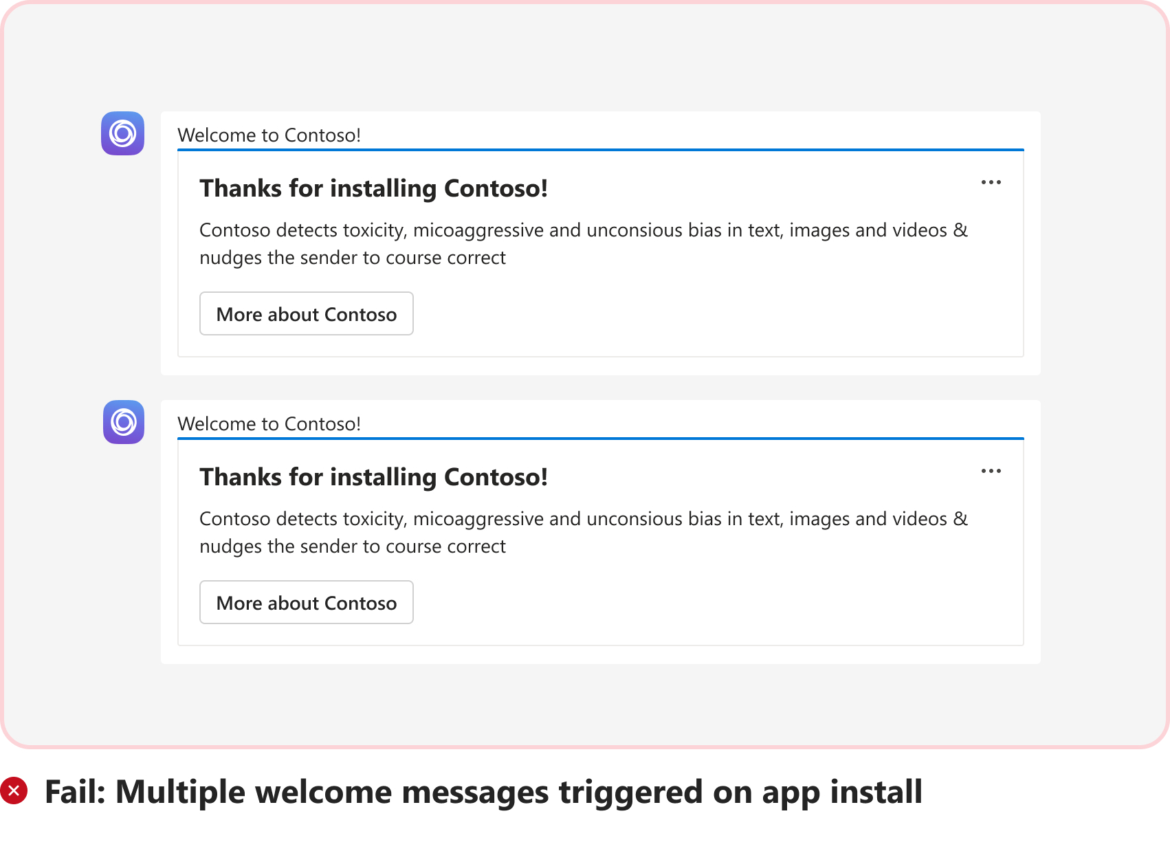 Graphic shows an example of bot triggering multiple welcome messaged on app install.