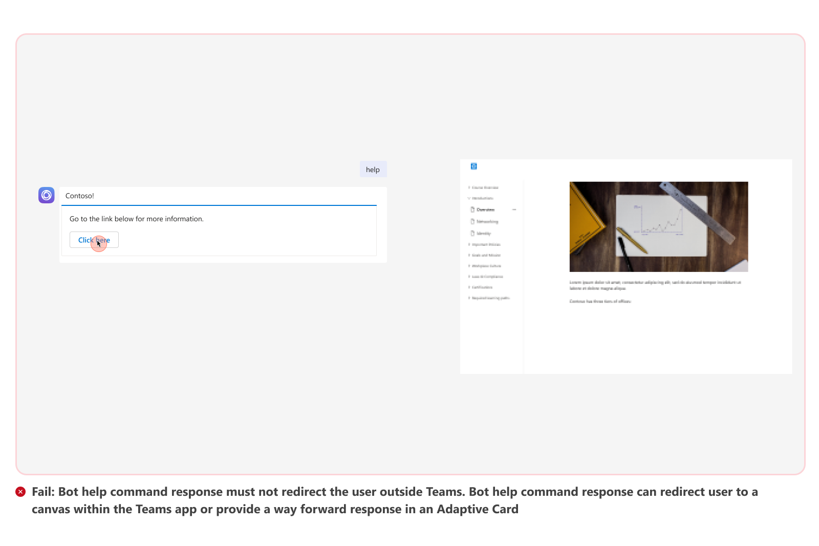Graphic shows an example of bot response redirecting user outside of Teams.