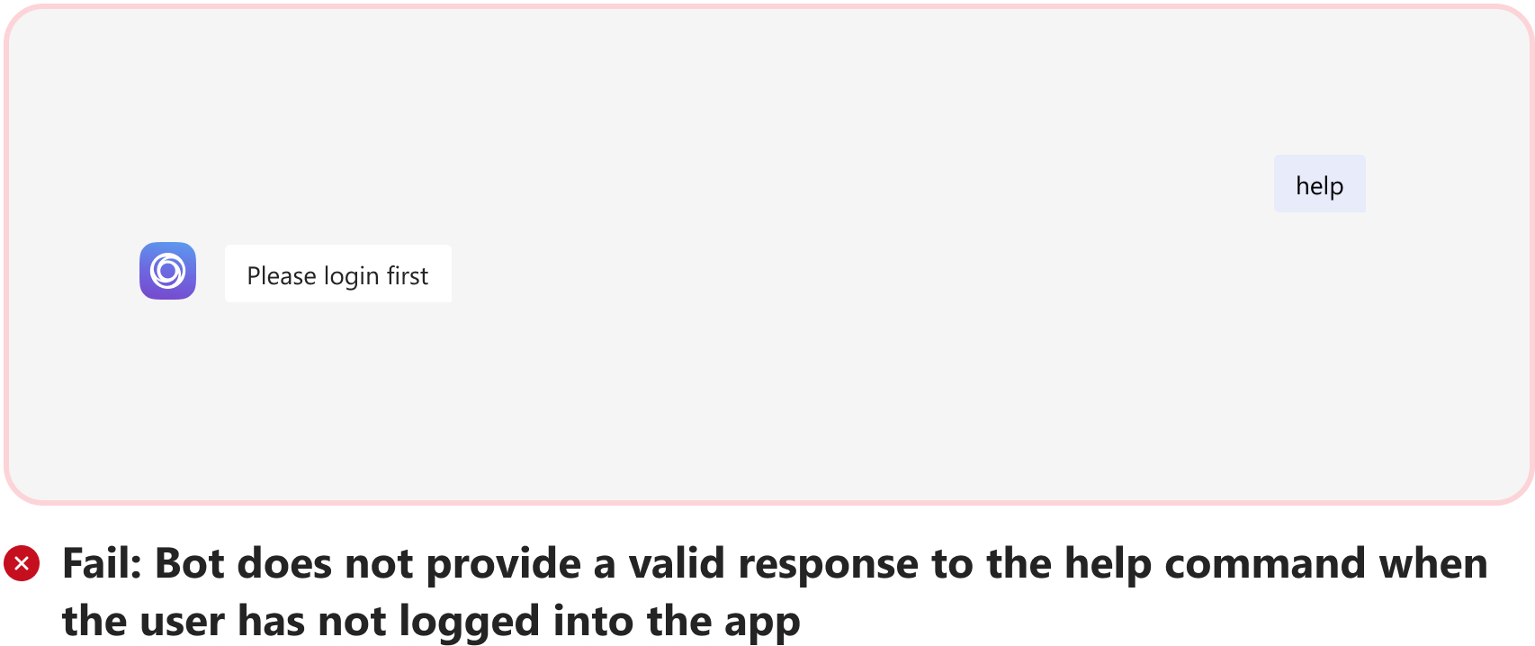 Graphic shows an example of a bot without a valid response when the user hasn't logged on to the app.