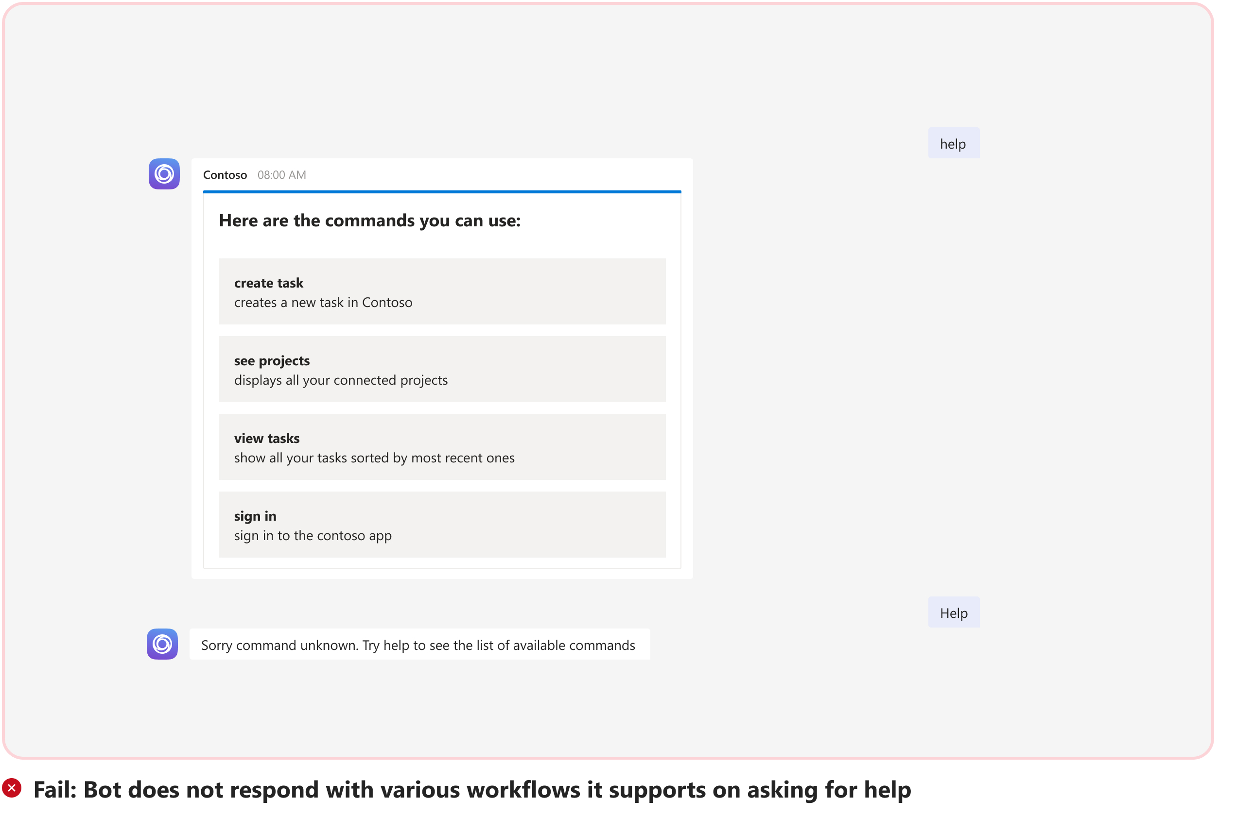 Graphic shows an example of bot providing a valid response for a command in lowercase or uppercase.