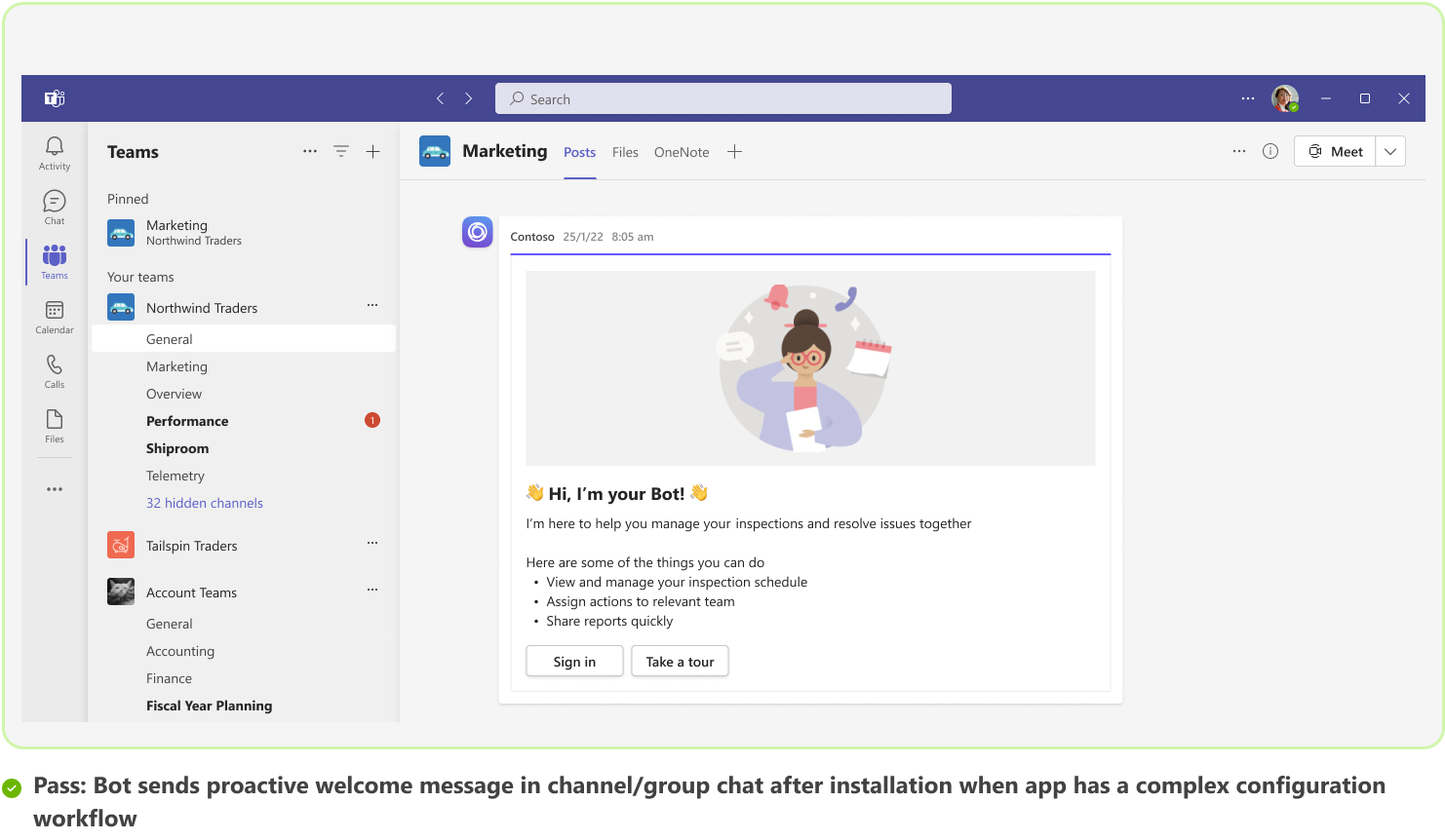 Graphic shows an example of bot sending a welcome message when the bot has a complex configuration workflow.