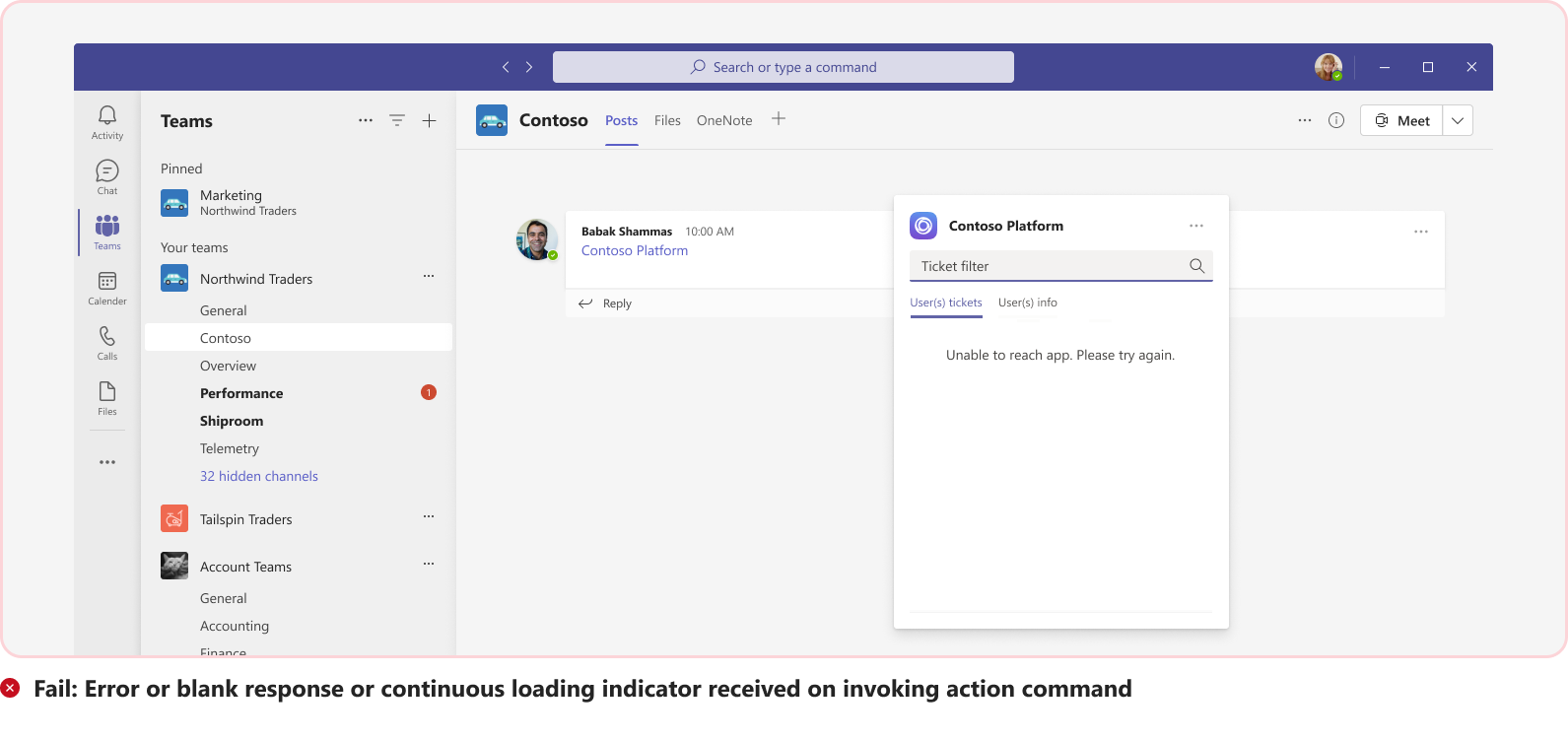 Graphic shows an example of continuous loading indicator when a bot invokes an action command.