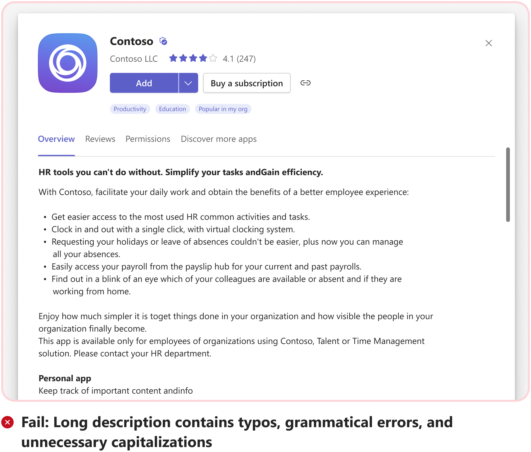 Graphic shows an example of app long description with typos and errors.