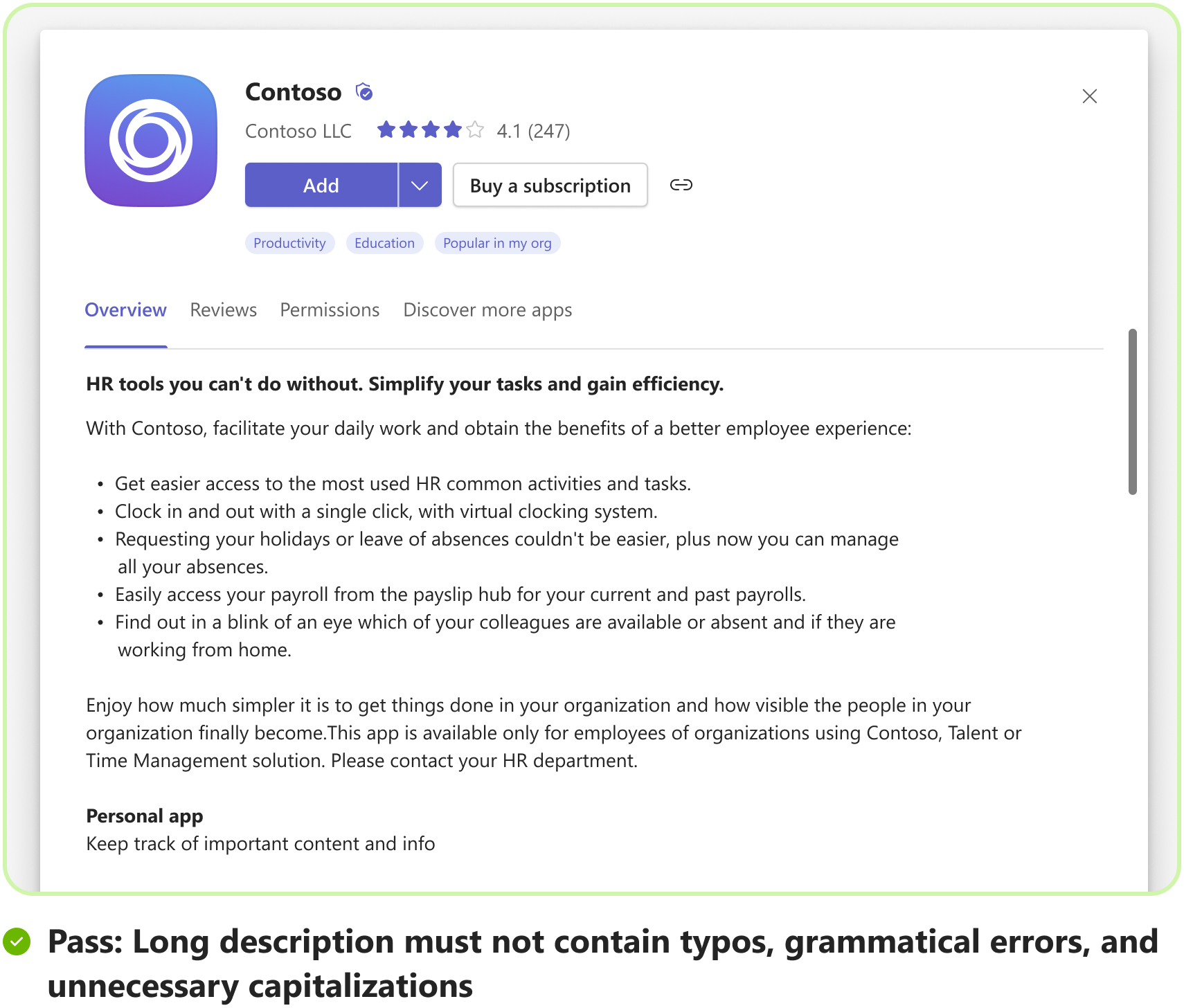 Graphic shows an example of app long description without errors.
