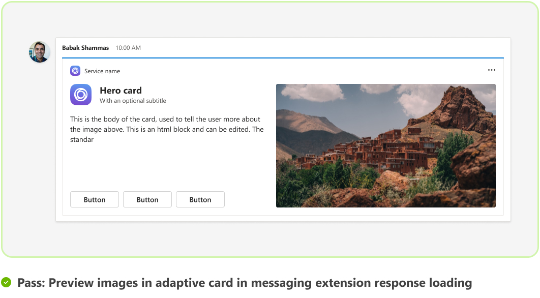 Graphic shows an example of preview image loading in an Adaptive Card.