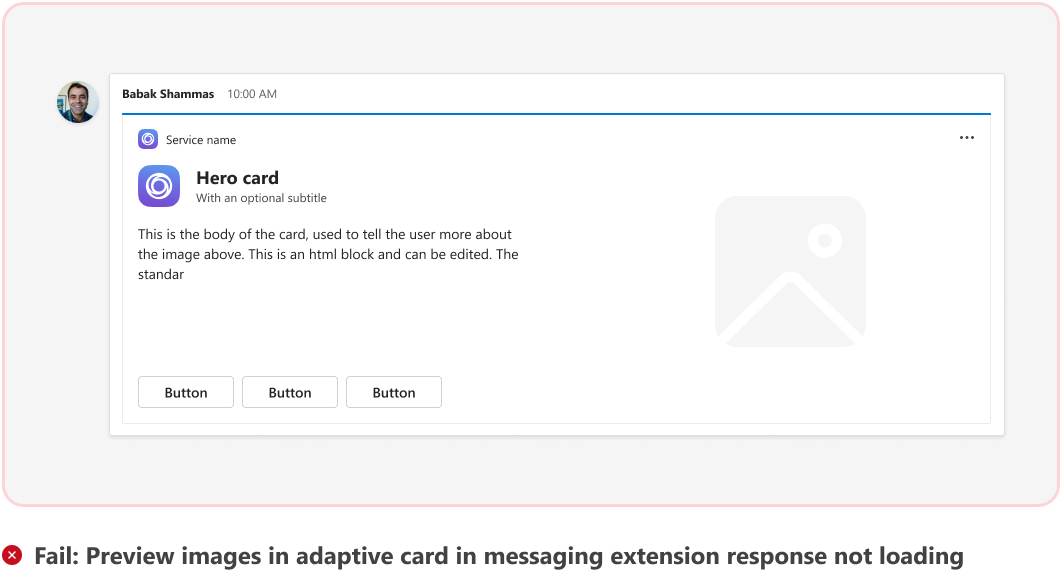 Graphic shows an example of preview image not loading in an Adaptive Card.
