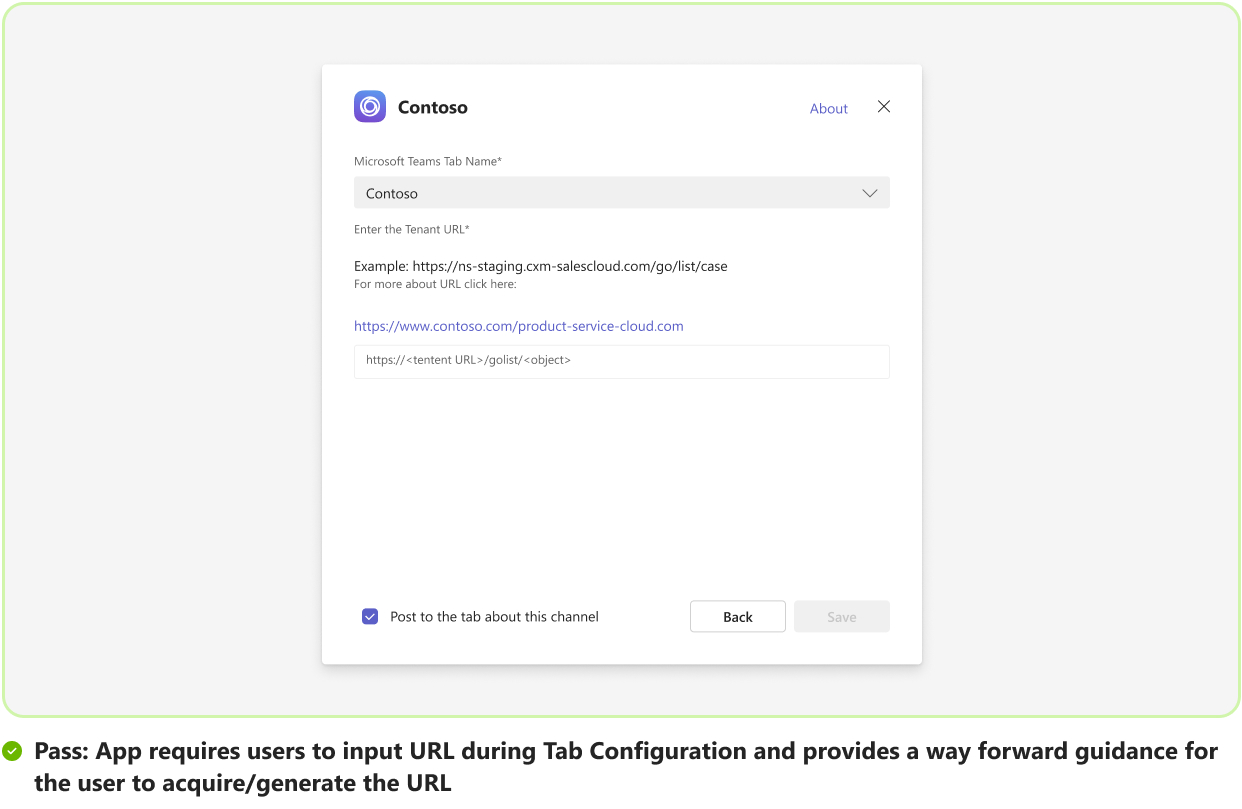 Screenshot shows an example of tab configuration with a way forward for user to generate a URL.
