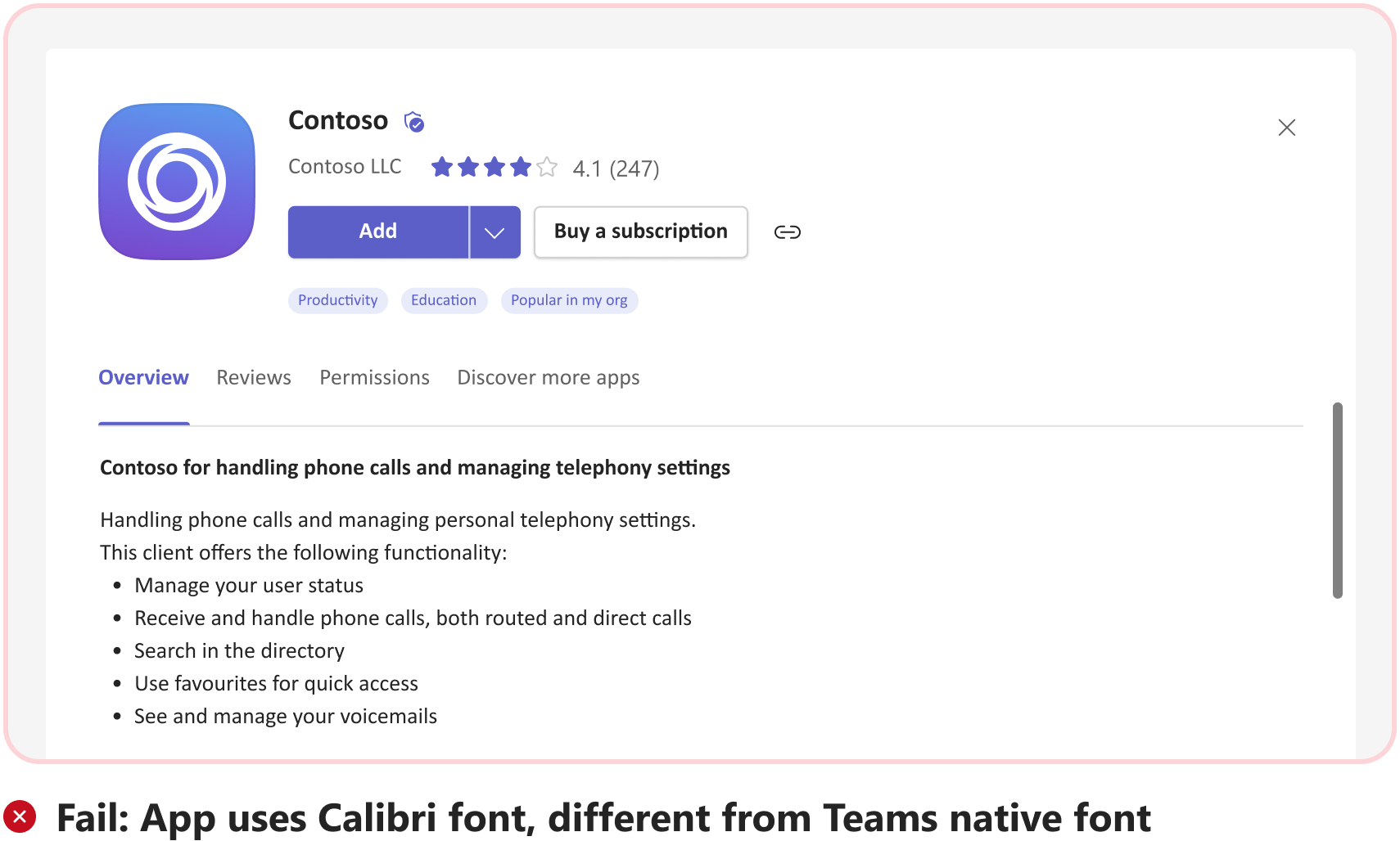 Screenshot shows an example of a tab with calibri font instead of native Teams font.