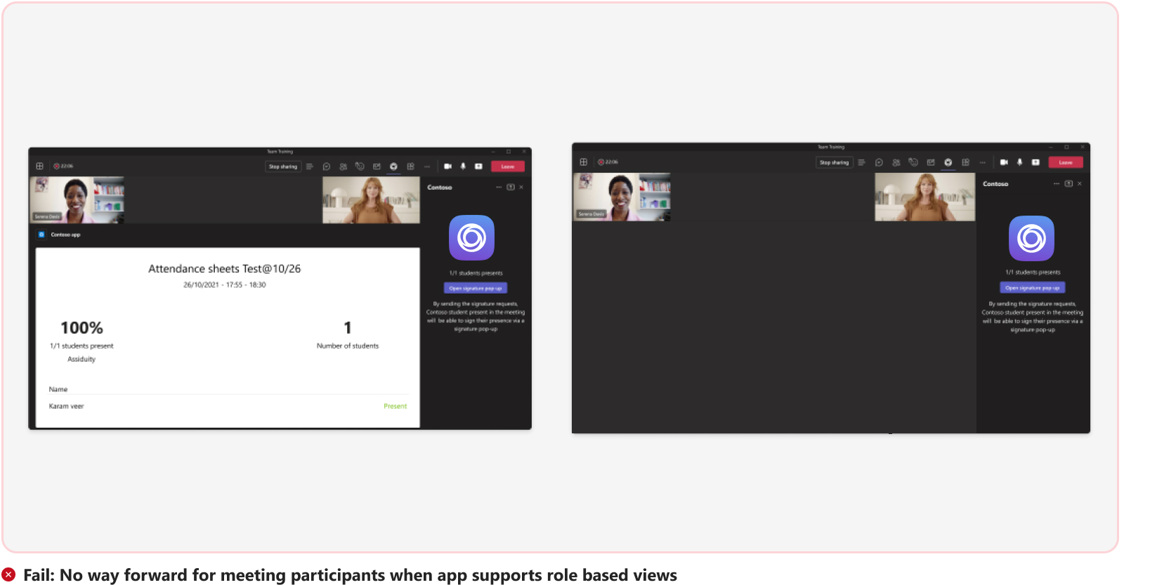 Graphic shows an example of an app without a way forward for participants in a role based view.