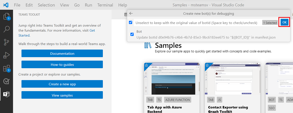 Screenshot shows Agents Toolkit with OK option highlighted in red.