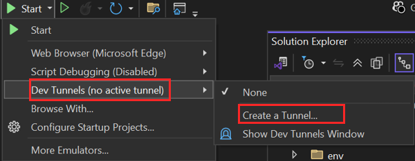 Screenshot shows the dev tunnel for debug option.