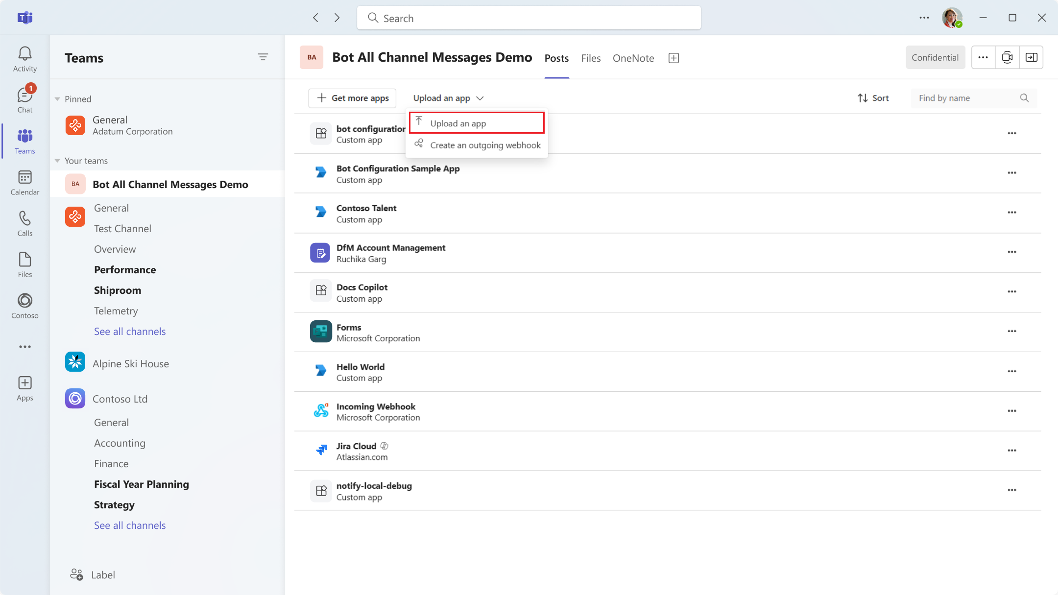 Screenshot shows the Upload a custom app option.