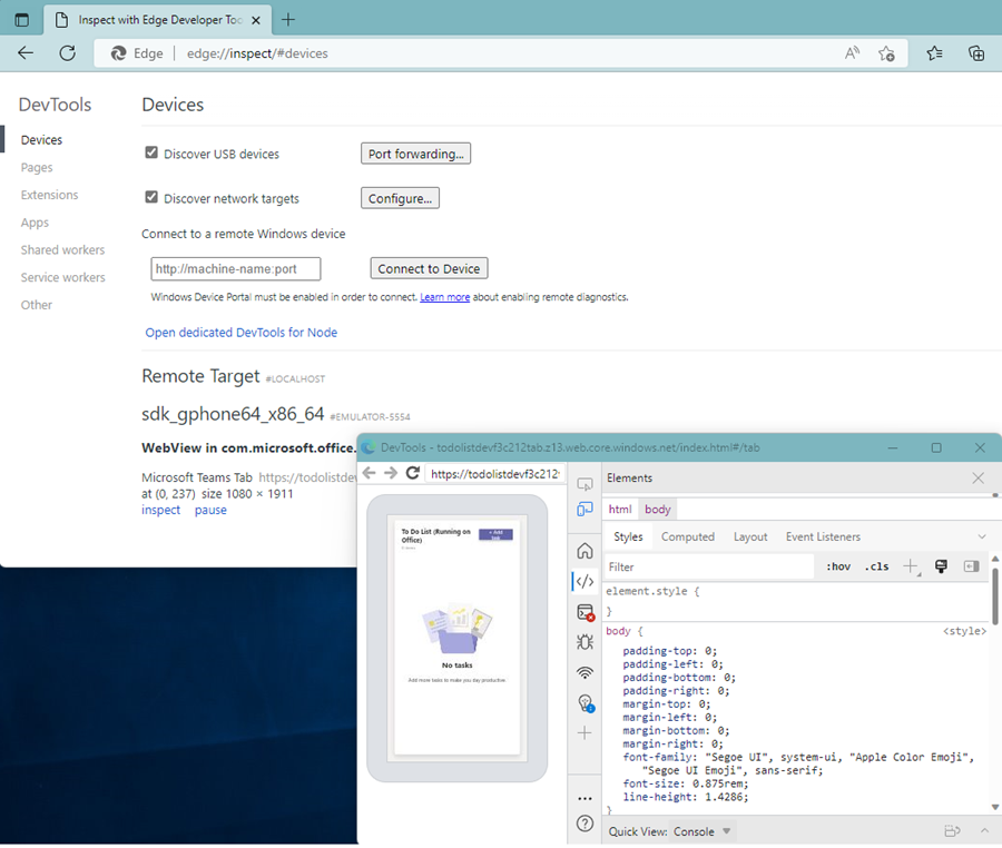 Screenshot shows the list of webviews in DevTools.