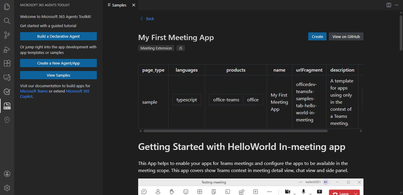 My First Meeting App sample in Agents Toolkit