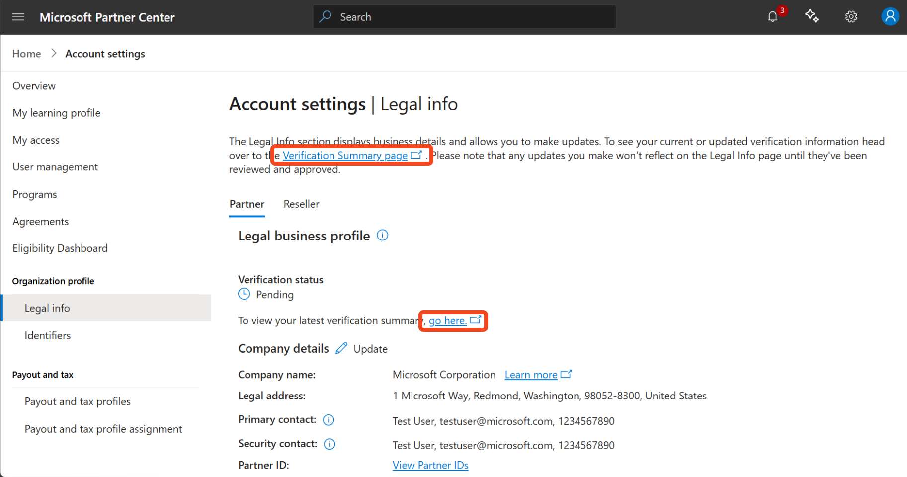 Screenshot showing the Verification Summary link on the Legal info page.