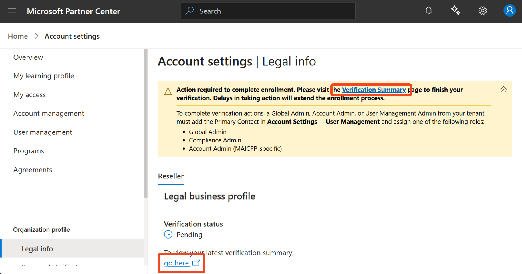 Screenshot showing the Verification Summary link on the Legal info page for the updated experience.