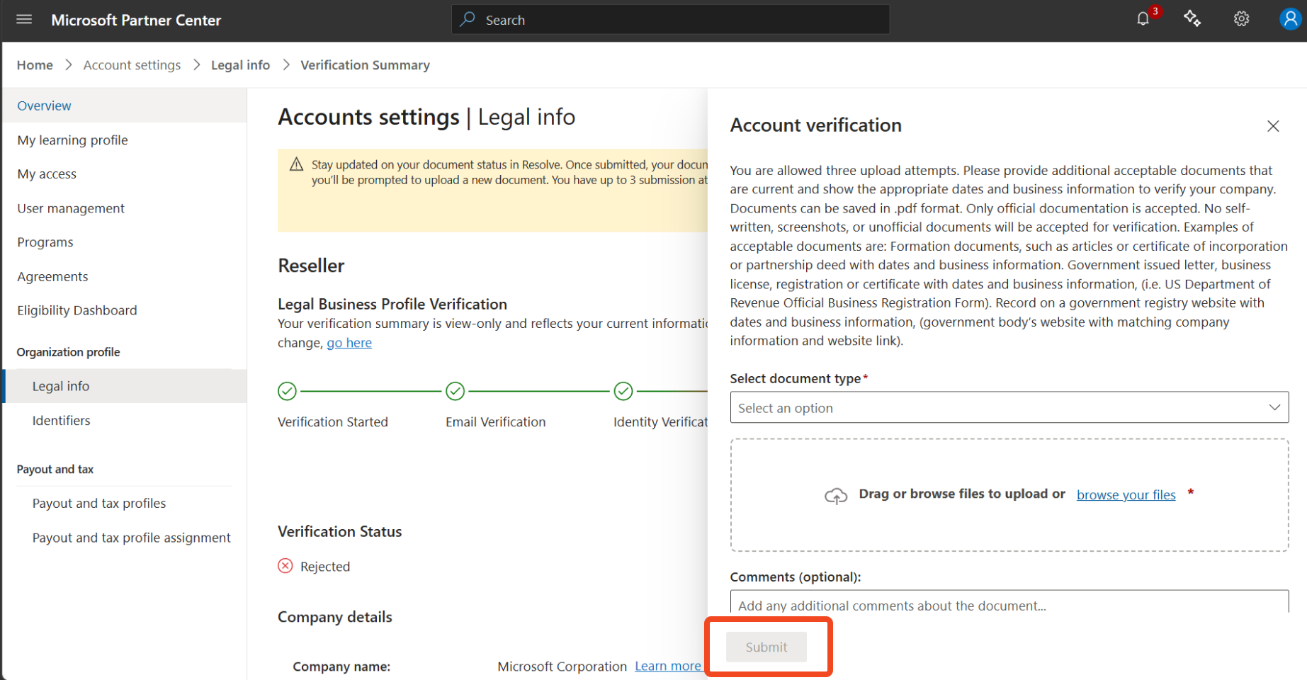 Screenshot showing the document upload page for the legacy verification appeal.