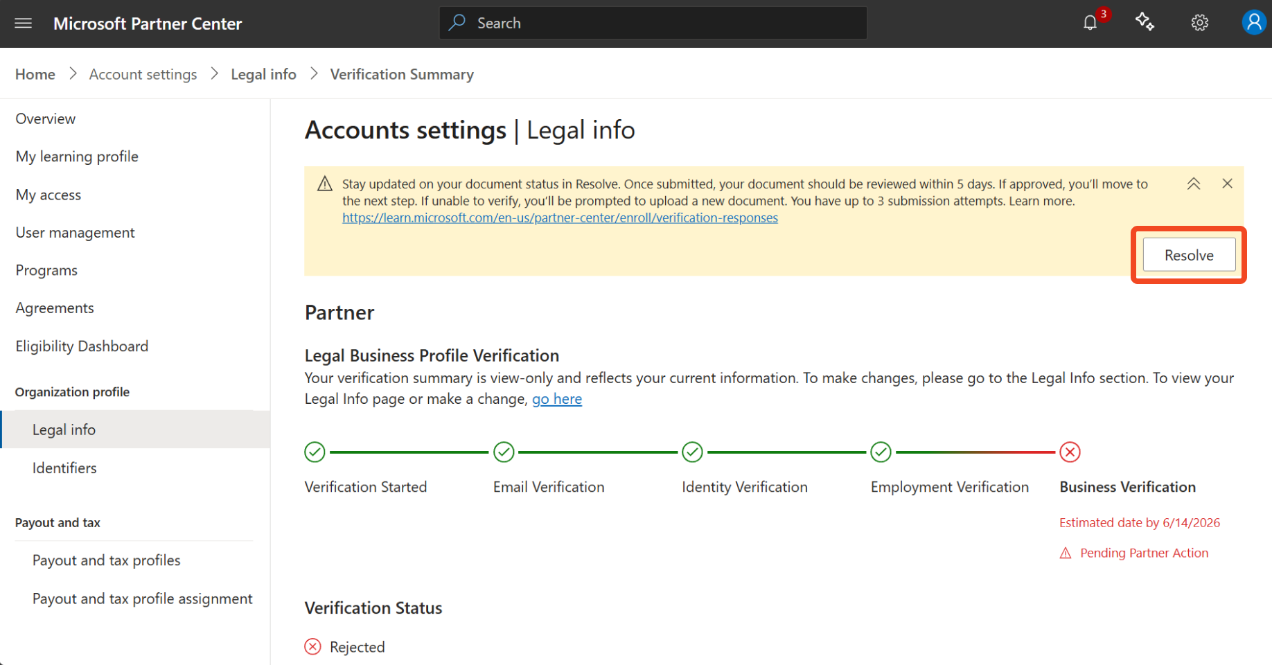 Screenshot showing the Resolve button on the legacy Verification summary page.