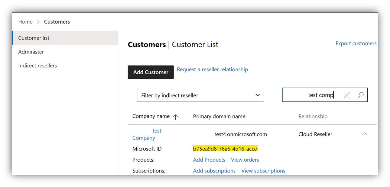 Screenshot that shows the Microsoft ID as tenantId.