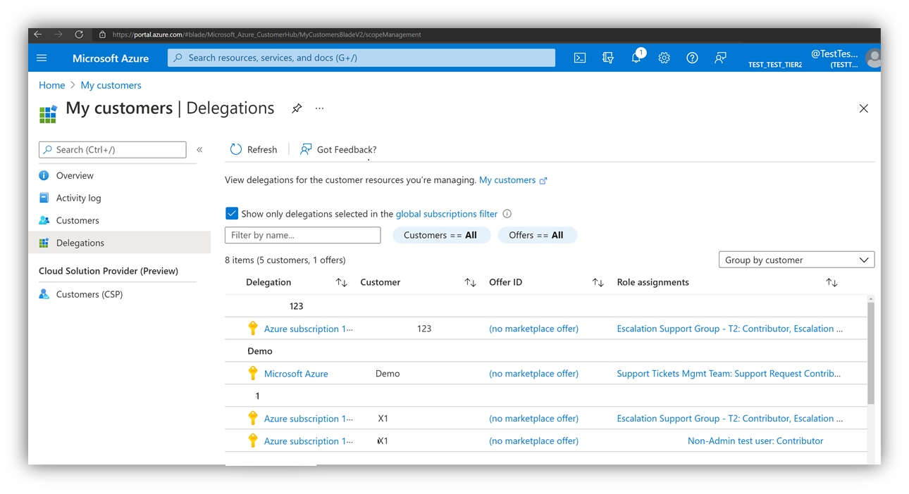 Screenshot that shows the Delegations page.