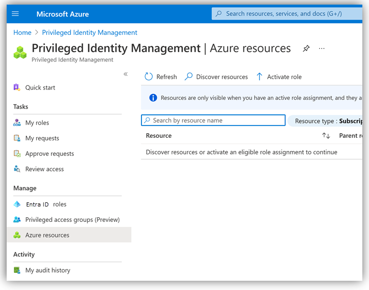 Screenshot that shows the Azure subscription isn't managed by way of PIM.