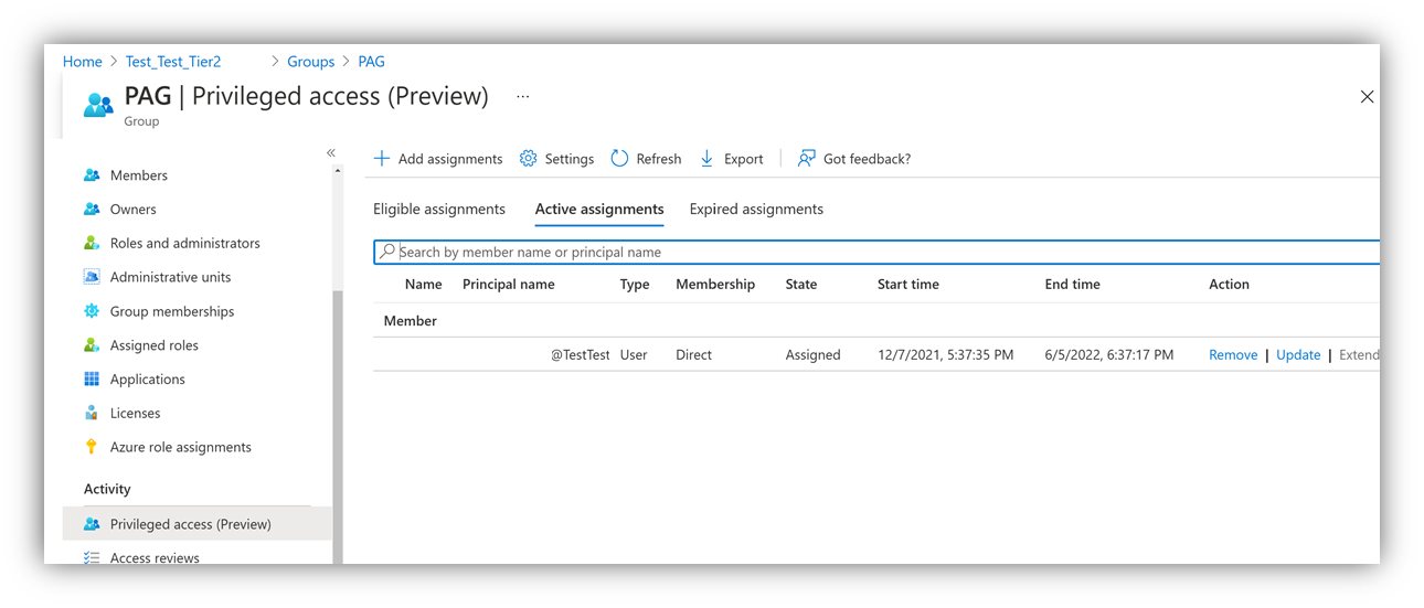 Screenshot that shows a Privileged access group.