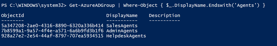 Screenshot that shows a shell window with an example of the ObjectID of groups.