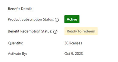 Screenshot that shows benefit details, with the product subscription status as Active.