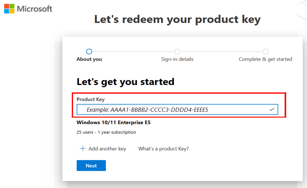 Screenshot that shows the screen: Let's redeem your product key.