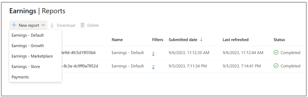 Screenshot shows the Earnings Reports screen, with the dropdown report open, showing several report options, including Default, Growth, Marketplace, Store, and Payments.