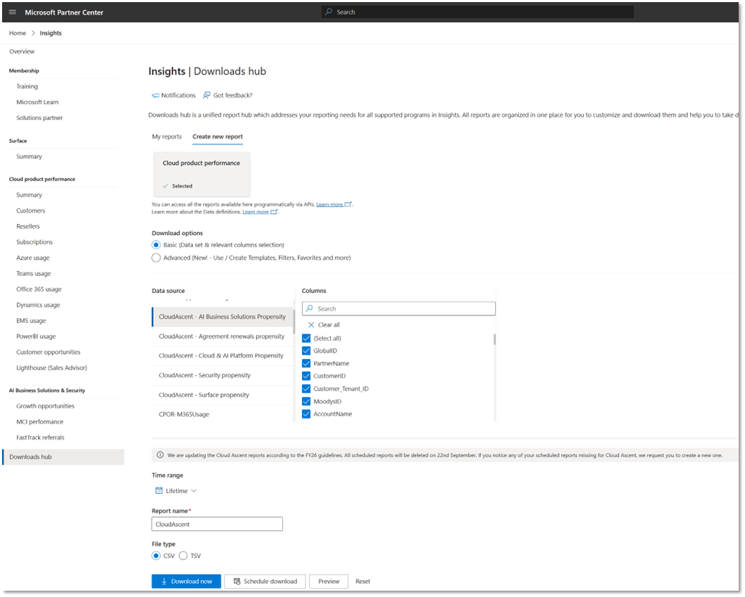 Screenshot of the Downloads hub section: Create new report.