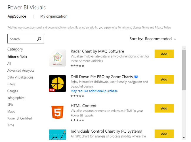 Screenshot showing the list of Marketplace add-ins from within Power B I.