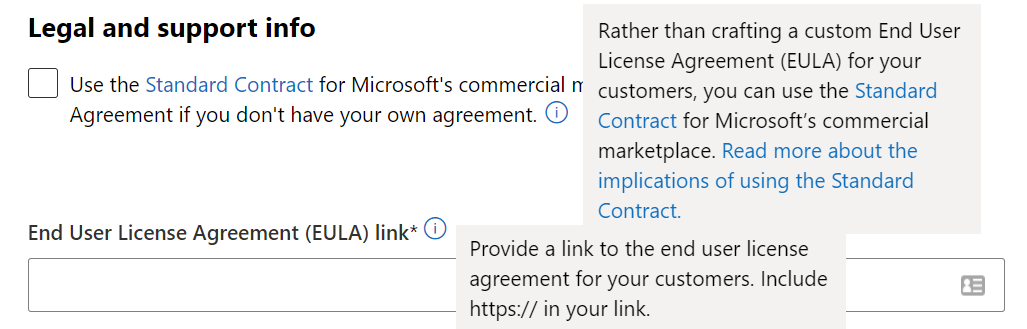 Illustrates the Use the Standard Contract for Microsoft Marketplace check box.