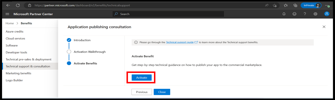 Screenshot that shows the Application publishing consultation wizard, in the Introduction section, with the Activate button highlighted.