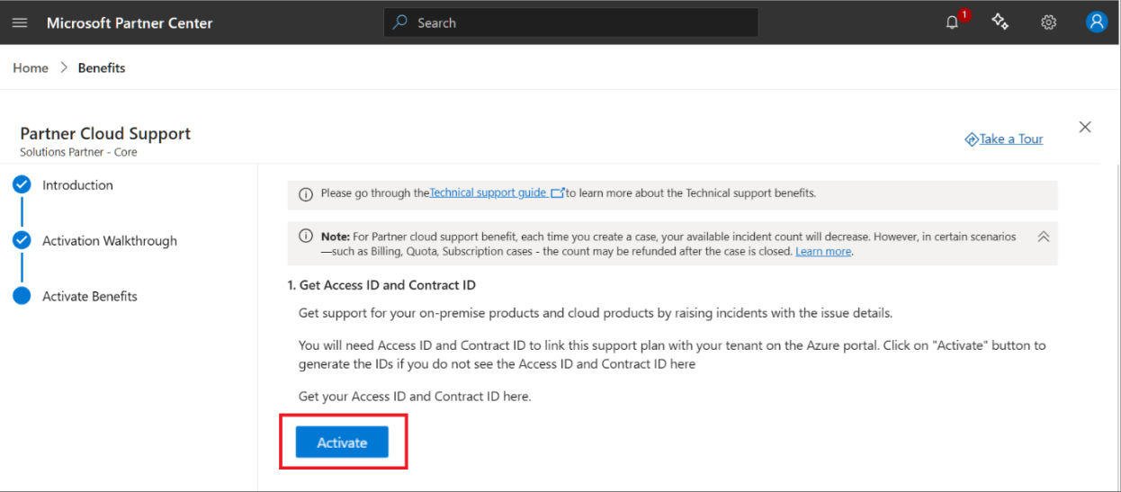 Screenshot that shows the Application publishing consultation wizard in the Introduction section with the Activate button highlighted.