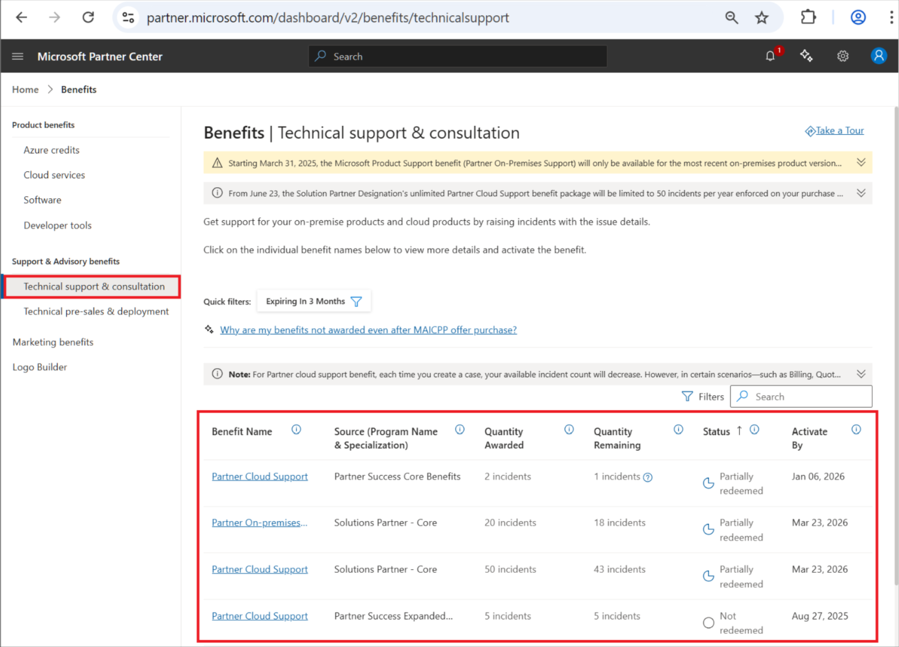 Screenshot that shows the Benefits | Technical support & consultation pane with a single active membership offer selected.