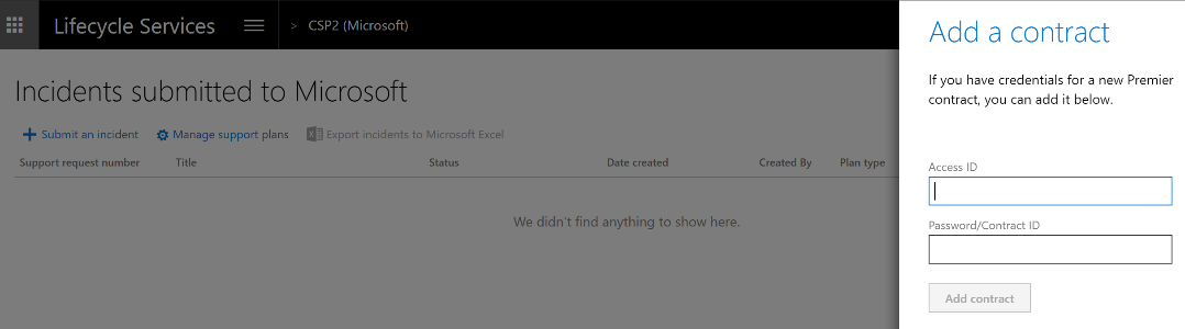 Screenshot that shows the Add a contract pane on the Incidents submitted to Microsoft page.