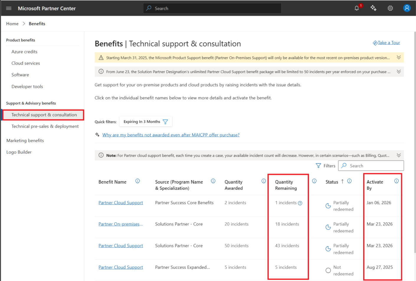 Screenshot that shows the Benefits | Technical support & consultation pane with the Quantity Remaining and Activate by columns selected.