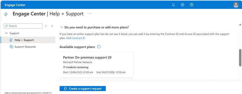 Screenshot that shows the Engage Center Support for Business |Add Contract ID.