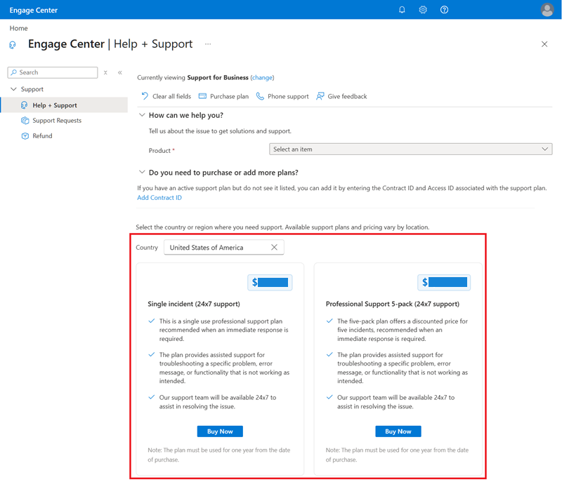 Screenshot that shows the Engage Center Support for Business |Add / Purchase Plan options.