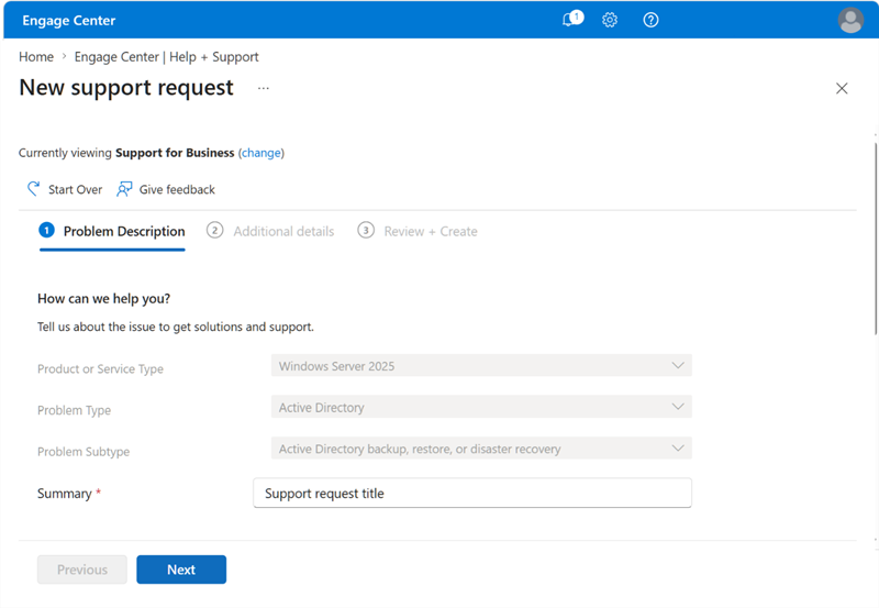 Screenshot that shows the Engage Center Support for Business | Problem description tab Summary.