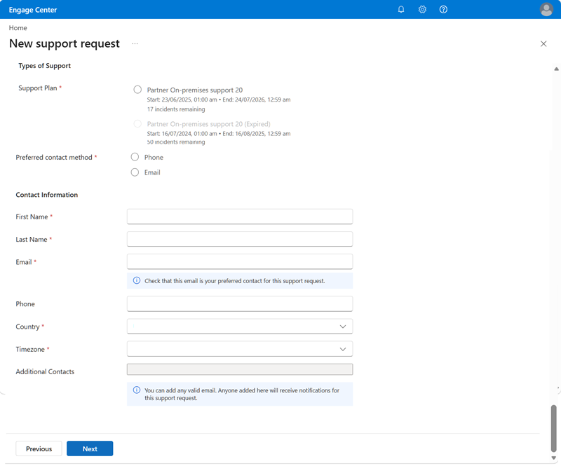 Screenshot that shows the Engage Center Support for Business | Additional Details tab Types of Support.