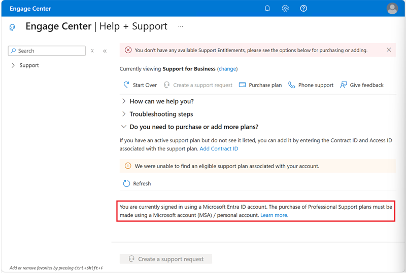 Screenshot that shows the Engage Center Support for Business | Entra ID account note.
