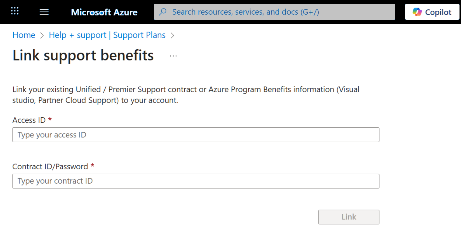Screenshot that shows the Support Plans page with Link support benefits highlighted.