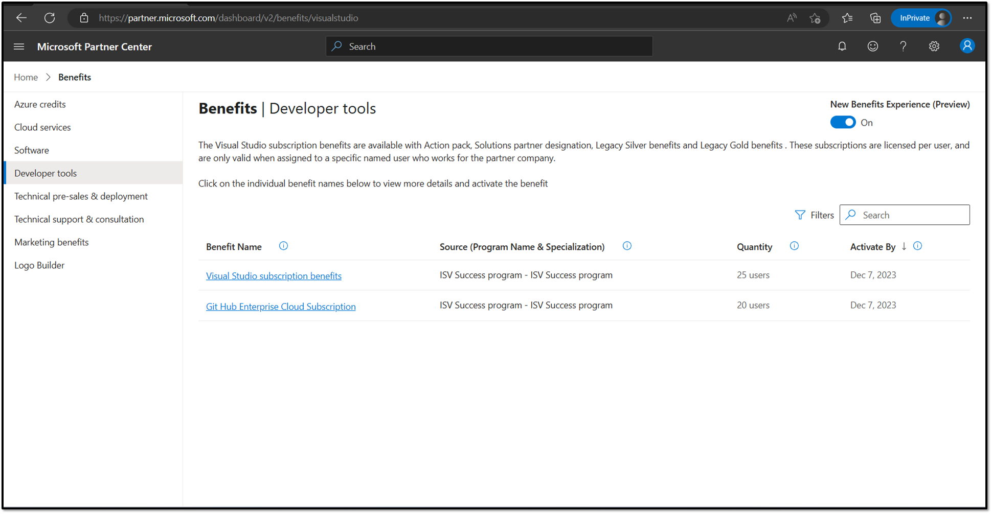 Screenshot that shows developer tools benefits in Partner Center.