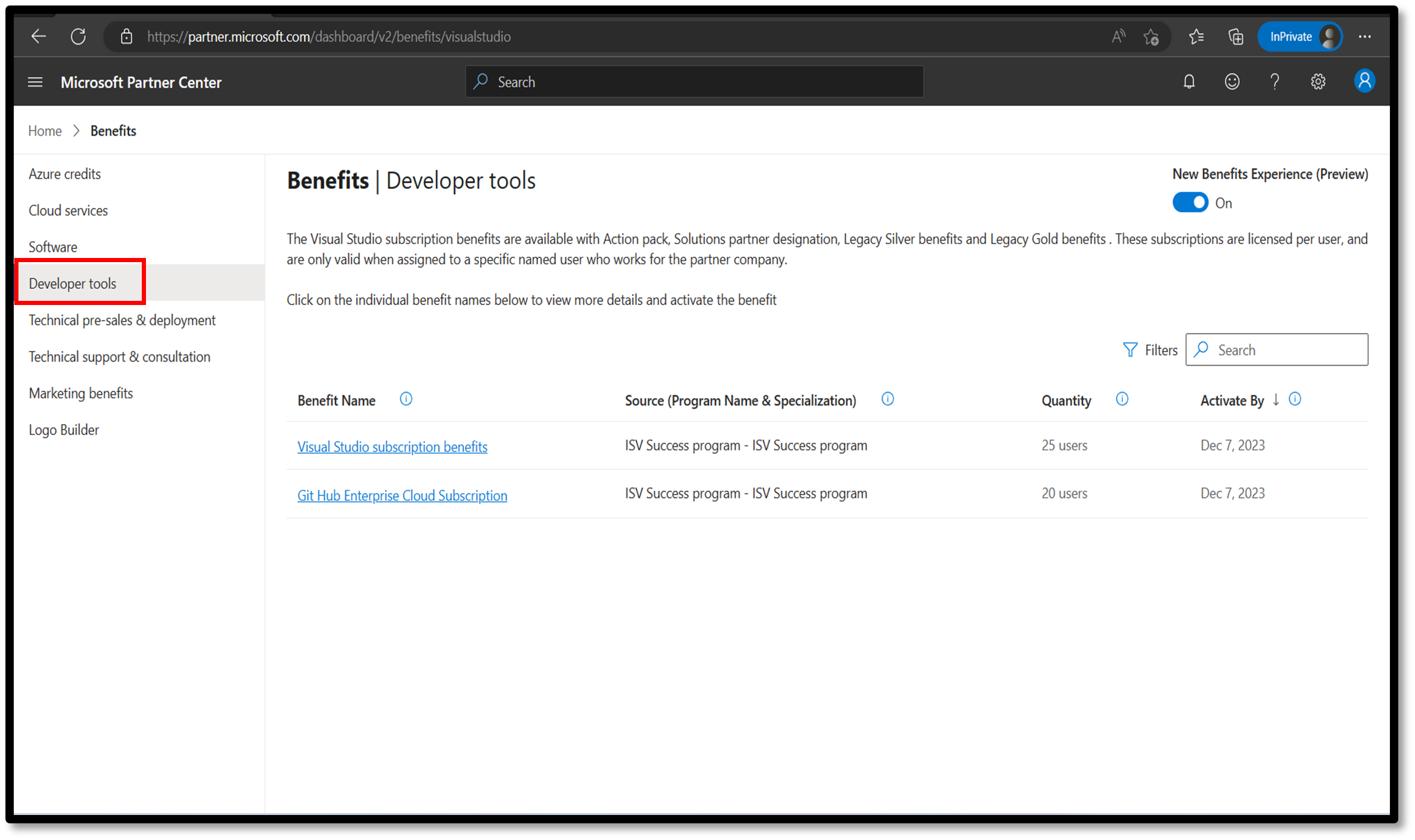 Screenshot that shows the Developer tools page in Partner Center.
