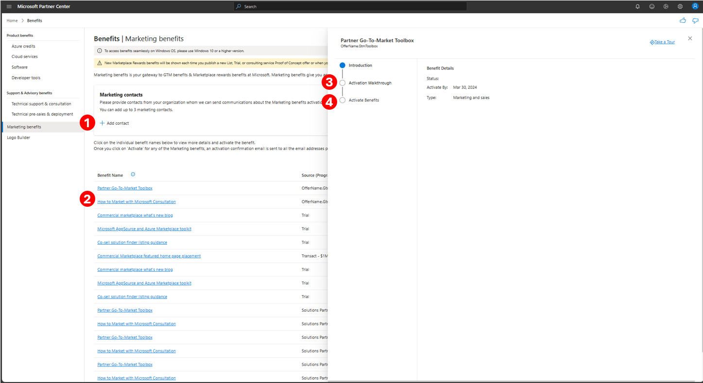 Screenshot that describes the steps to follow to redeem marketing benefits in Partner Center.