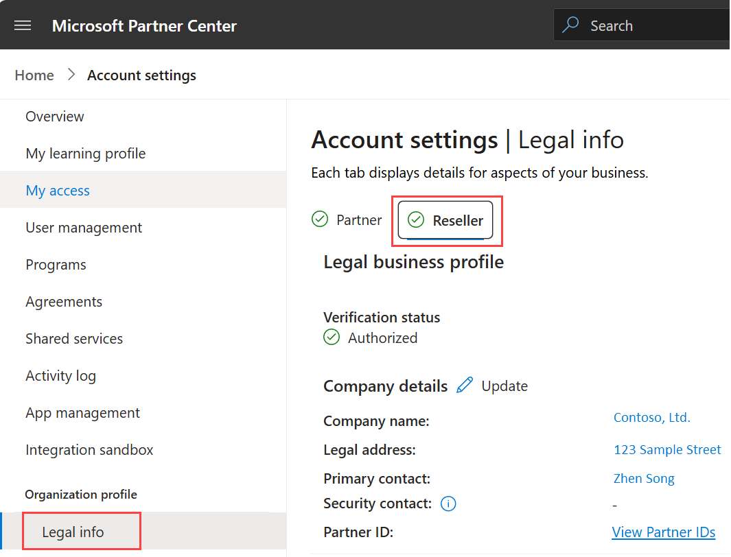 Screenshot that shows the Legal Info menu, with the Reseller tab highlighted.