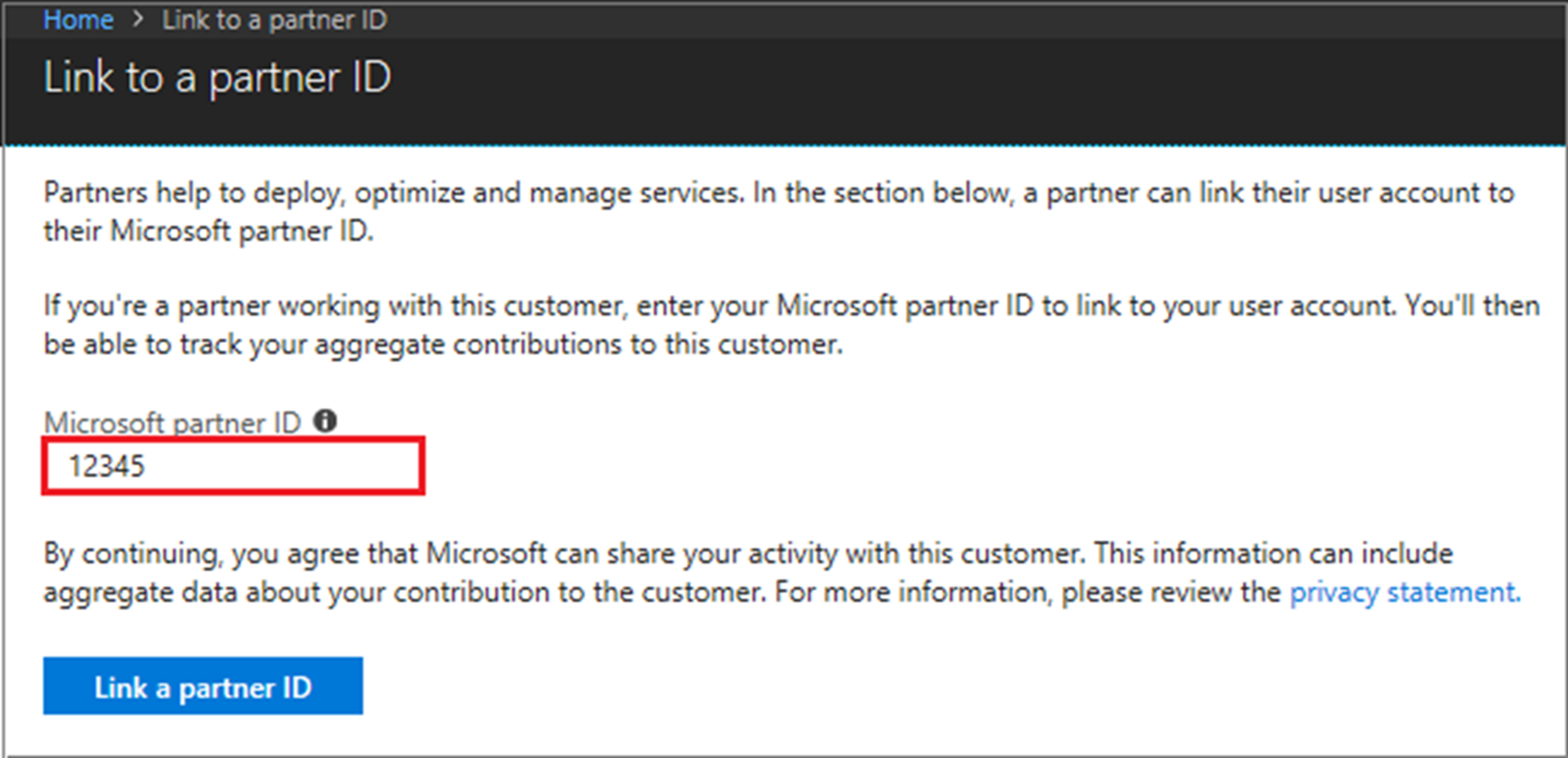Screenshot that shows the Azure portal page for linking to a partner ID.
