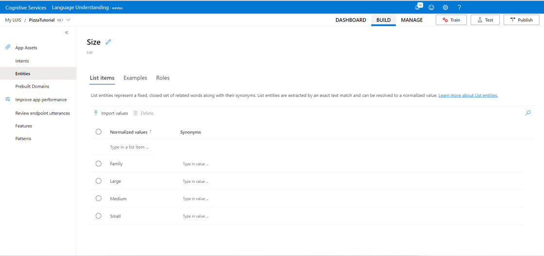 Create a list of sizes as a list entity in the Entity detail page.